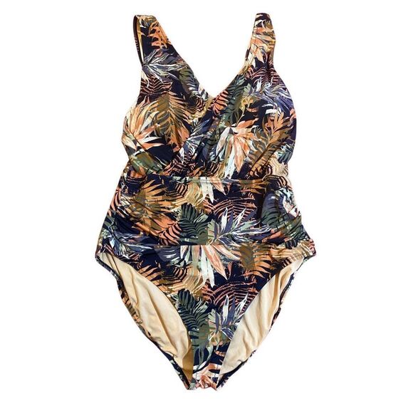 Garnet Hill Ruched Wrap V Neck One apiece Swimsuit Leaf pattern Size 16 - Picture 2 of 5